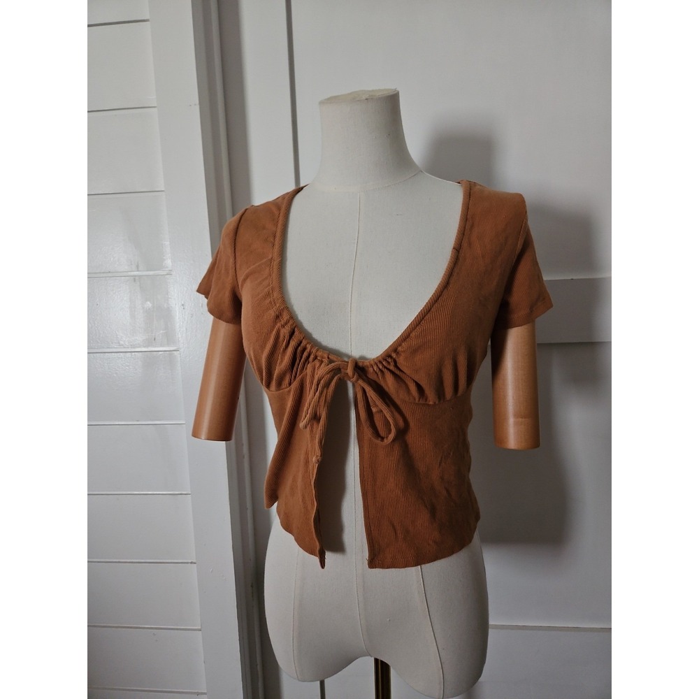 Hollister Must-Have Brown Ribbed Tie-Front Short Sleeve Crop Top Size S